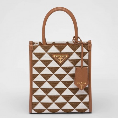 Prada Symbole Mini Bag In Brown/White Jacquard Fabric