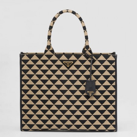 Prada Symbole Large Bag In Black/Beige Jacquard Fabric