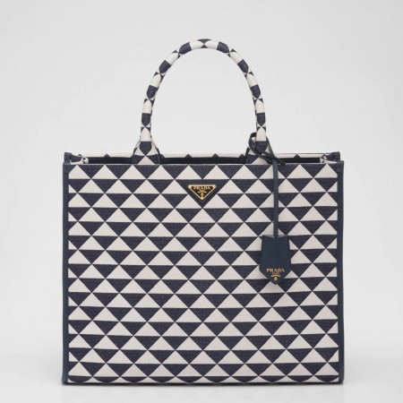 Prada Symbole Large Bag In Blue/White Jacquard Fabric