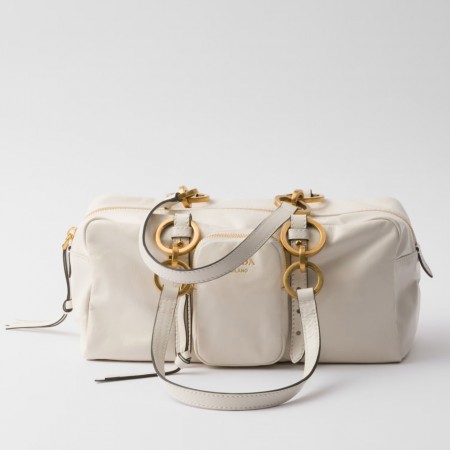 Prada Dangle Top-handle Medium Bag in White Vintage Leather