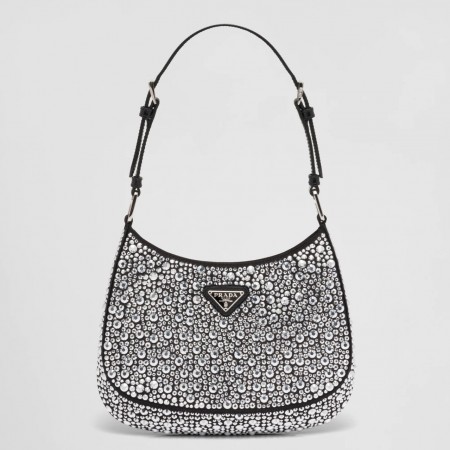 Prada Cleo Shoulder Bag in Black Satin with Crystals 