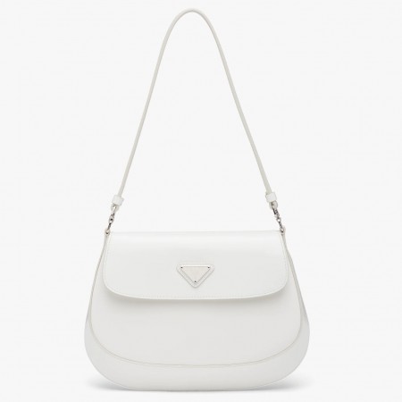 Prada Cleo Shoulder Bag with Flap in White Brushed Leather
