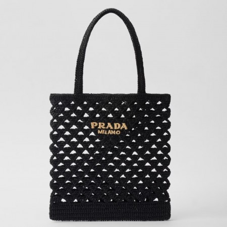 Prada Crochet Tote Bag in Black Raffia-effect 