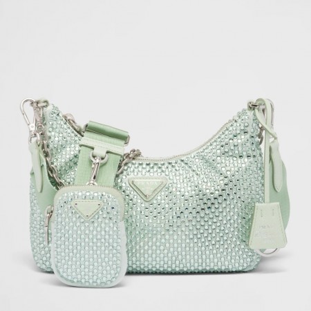 Prada Re-Edition 2005 Shoulder Bag in Aqua Satin with Crystals