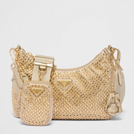 Prada Re-Edition 2005 Shoulder Bag in Gold Satin with Crystals
