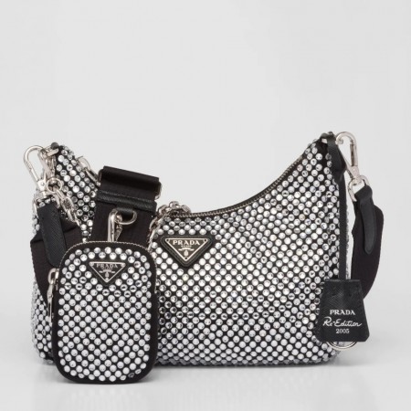 Prada Re-Edition 2005 Shoulder Bag in Black Satin with Crystals