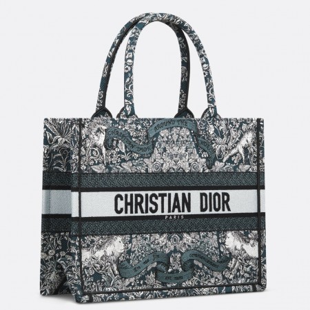 Dior Medium Book Tote Bag in Blue Dior Around the World Embroidery