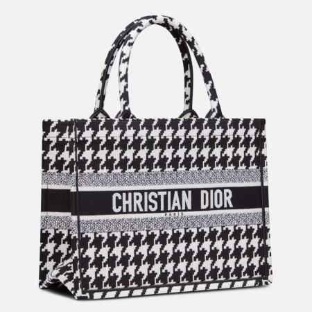 Dior Medium Book Tote Bag in Black and White Houndstooth Embroidery