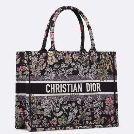 Dior Medium Book Tote Bag in Black Millefiori Unicorn Embroidery