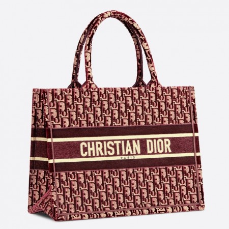 Dior Medium Book Tote Bag In Bordeaux Velvet Oblique Embroidered 