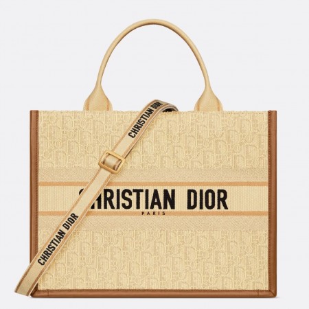Dior Medium Book Tote Bag with Strap in Beige Oblique Embroidered Raffia