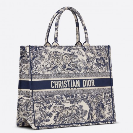 Dior Large Book Tote Bag In Blue Toile de Jouy Embroidery