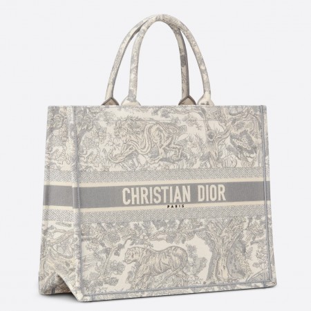 Dior Large Book Tote Bag In Grey Toile de Jouy Embroidery