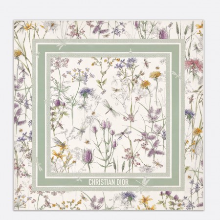 Dior Herbarium 90 Square Scarf in Green and White Silk Twill