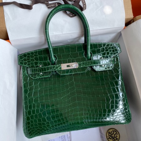 Hermes Birkin 30 Handmade Bag In Malachite Crocodile Niloticus Shiny Skin 