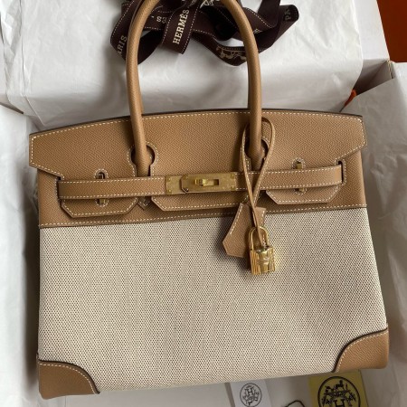 Hermes Birkin 30 Handmade Bag In Toile & Chai Epsom Leather 