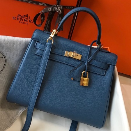 Hermes Kelly 25cm Retourne Bag in Blue Agate Clemence Leather with GHW