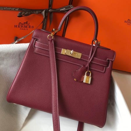 Hermes Kelly 25cm Retourne Bag in Bordeaux Clemence Leather with GHW