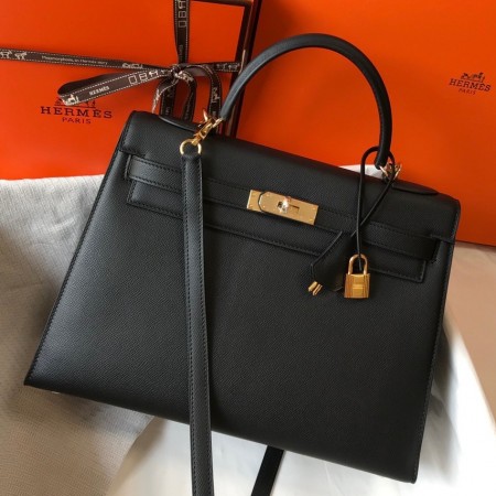 Hermes Kelly 28cm Sellier Bag in Black Epsom Leather with GHW
