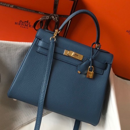 Hermes Kelly 32cm Retourne Bag in Blue Agate Clemence Leather with GHW
