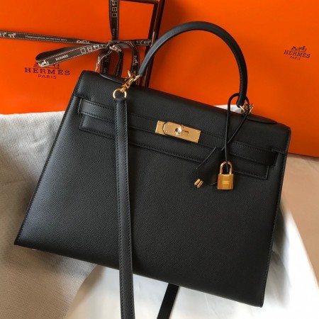 Hermes Kelly 32cm Sellier Bag in Black Epsom Leather with GHW