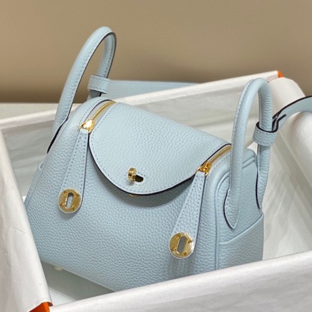 Hermes Lindy Mini Bag in Blue Brume Clemence Leather with GHW