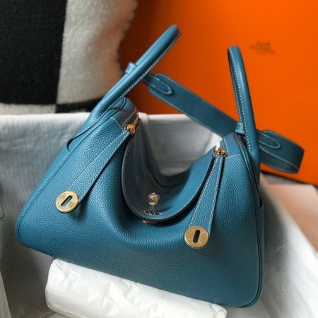 Hermes Lindy 30cm Bag in Blue Jean Clemence Leather with GHW
