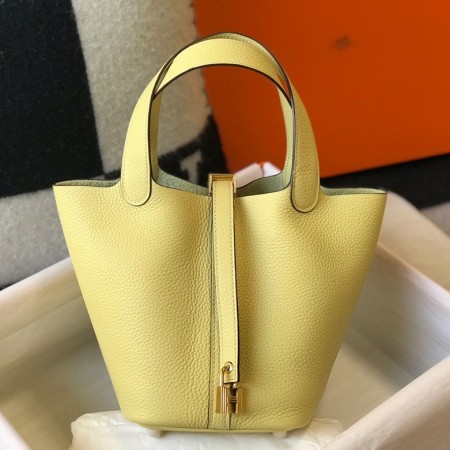 Hermes Picotin Lock 18 Bag in Jaune Poussin Clemence Leather with GHW