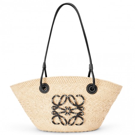 Loewe Small Anagram Basket Bag in Iraca Palm and Black Calfskin