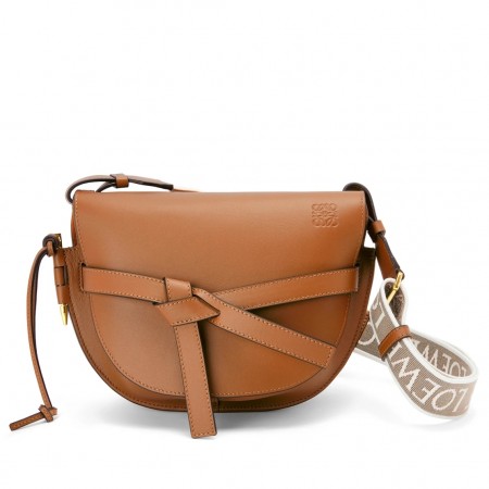 Loewe Gate Small Bag in Tan Calfskin with Jacquard Shoulder Strap