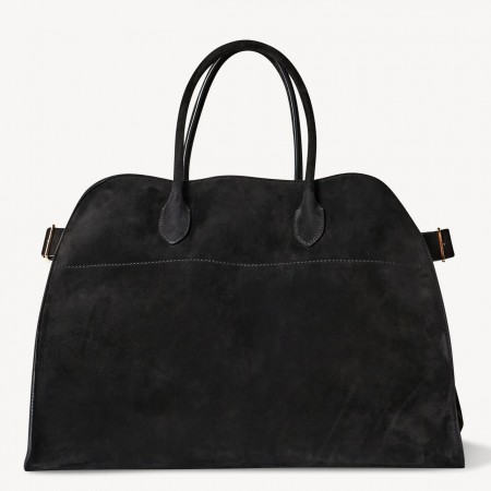 The Row Margaux 17 Top Handle Bag in Black Suede Leather