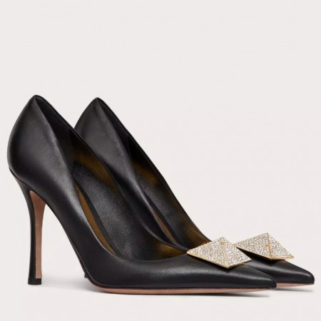 Valentino One Stud Pumps 100mm in Black Nappa Leather with Crystal