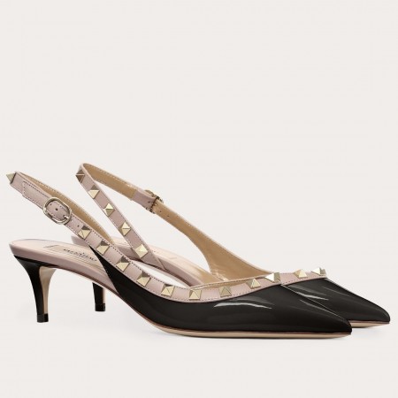 Valentino Rockstud Slingback Pumps 50mm In Black Patent Leather