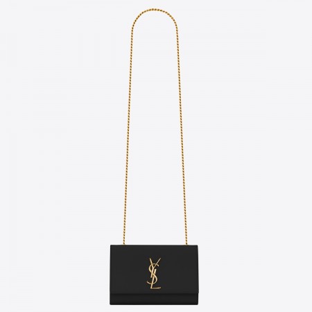 Saint Laurent Kate Chain Small Bag In Black Grained Leather