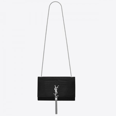 Saint Laurent Kate Tassel Medium Bag In Noir Crocodile-embossed Leather