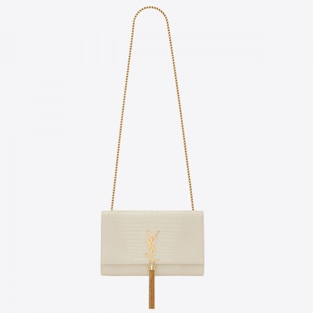 Saint Laurent Kate Tassel Medium Bag In White Crocodile-embossed Leather