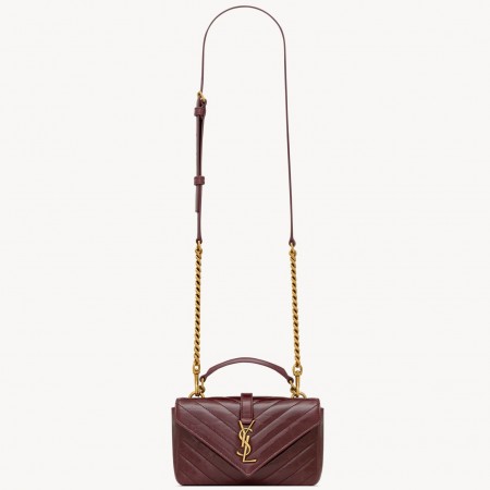 Saint Laurent College Mini Chain Bag in Bordeaux Crackled Leather