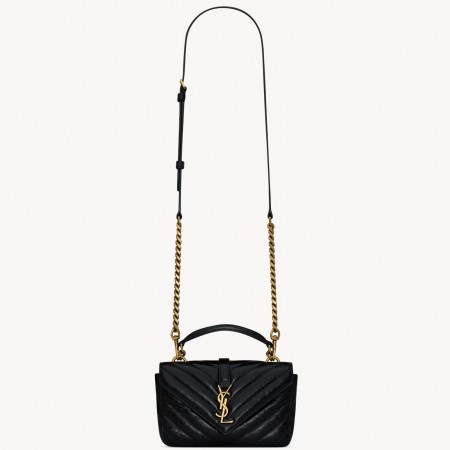 Saint Laurent College Mini Chain Bag in Black Crackled Leather