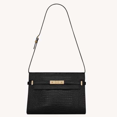 Saint Laurent Manhattan Shoulder Bag in Black Crocodile Embossed Calfskin