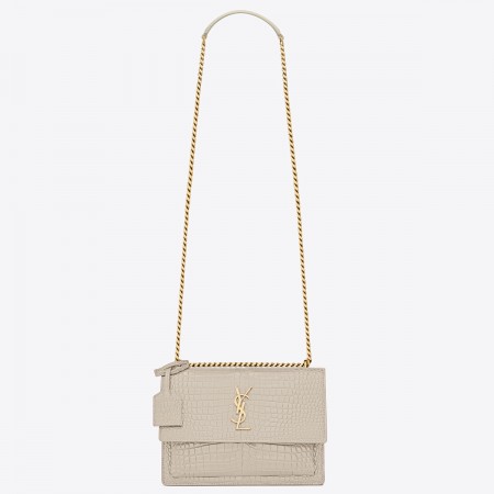 Saint Laurent Sunset Medium Chain Bag In Ivory Crocodile-embossed Leather