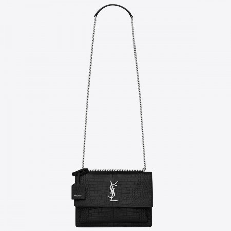 Saint Laurent Sunset Medium Chain Bag In Noir Crocodile-embossed Leather
