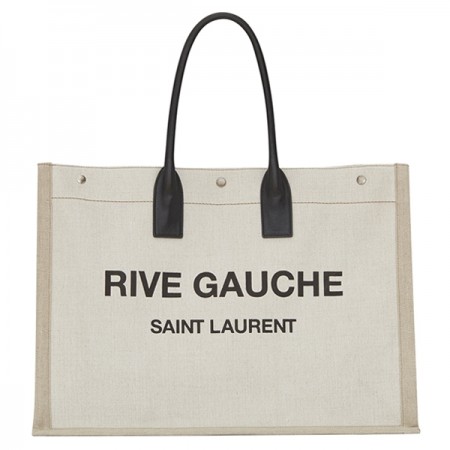 Saint Laurent Rive Gauche Tote Bag in White Linen and Black Leather