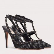 Valentino Rockstud Pumps 100mm in Black Mesh with Crystal