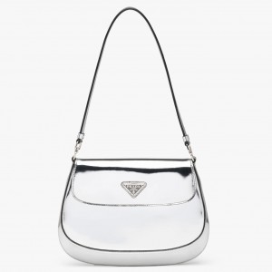 Prada Cleo Shoulder Bag with Flap in Silver Brushed Leather