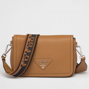 Prada Flap Shoulder Bag in Brown Grained Leather
