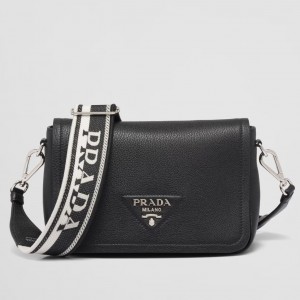 Prada Flap Shoulder Bag in Black Grained Leather