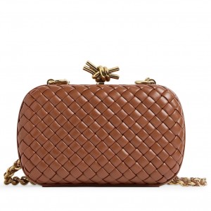 Bottega Veneta Knot Clutch with Chain in Brown Intrecciato Lambskin
