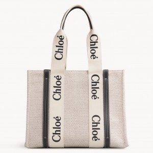 Chloe Medium Woody Tote Bag in Canvas with Blue Leather Strips