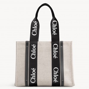 Chloe Medium Woody Tote Bag in Canvas with Black Leather Strips