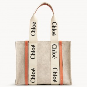 Chloe Medium Woody Tote Bag in Canvas with Tan Leather Strips